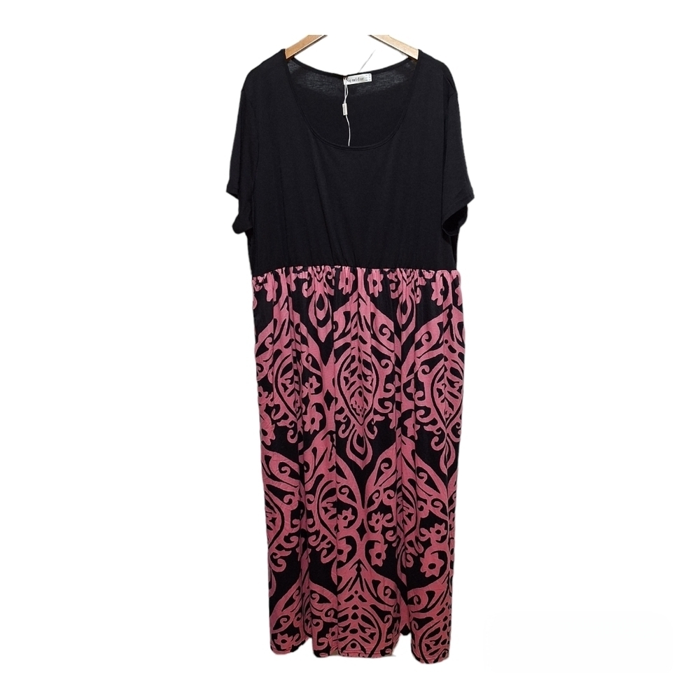 Nemidor Womens Pull On Maxi Dress US 26 Black Pink Short Sleeve Pockets NWOT